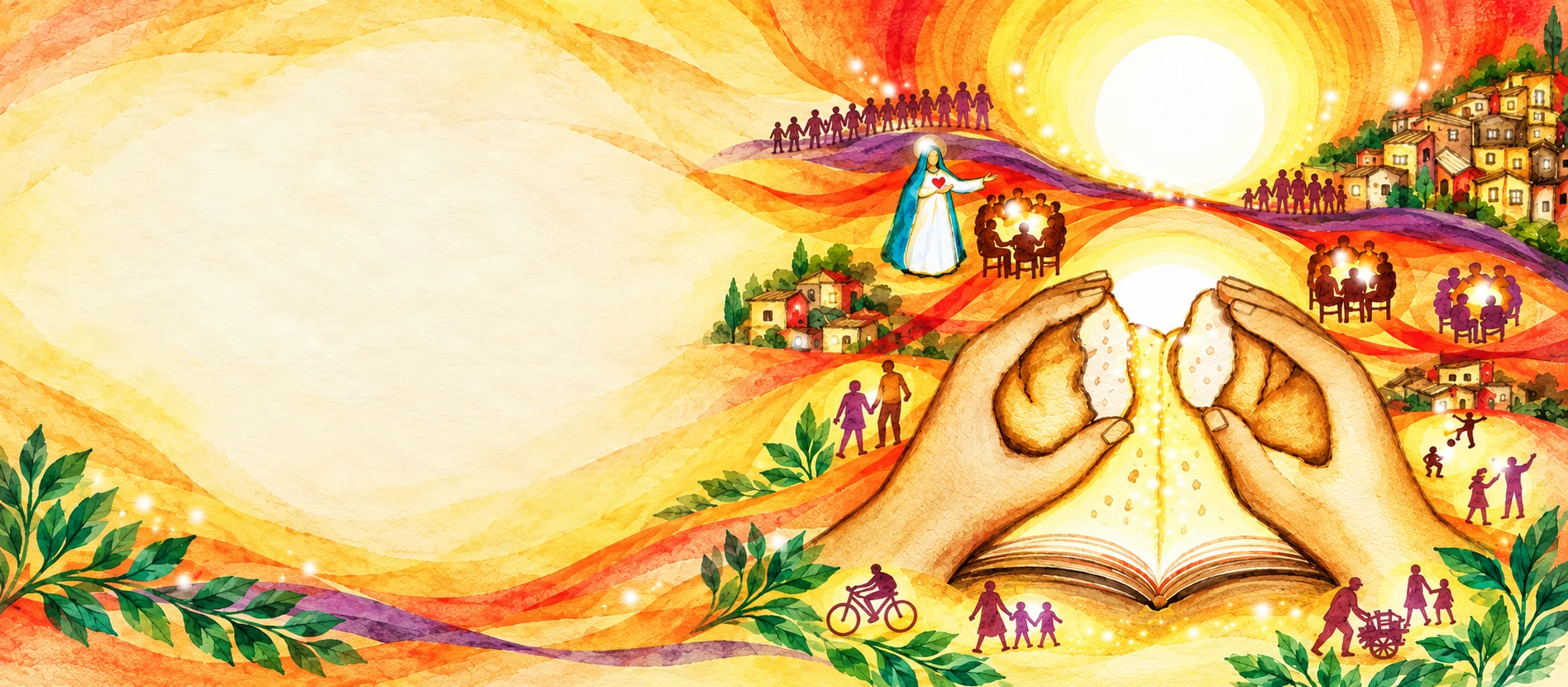 Ilustração do Capítulo Geral: mãos abrem um vaso diante da luz, sobre um livro, entre comunidades e caminhos de esperança.